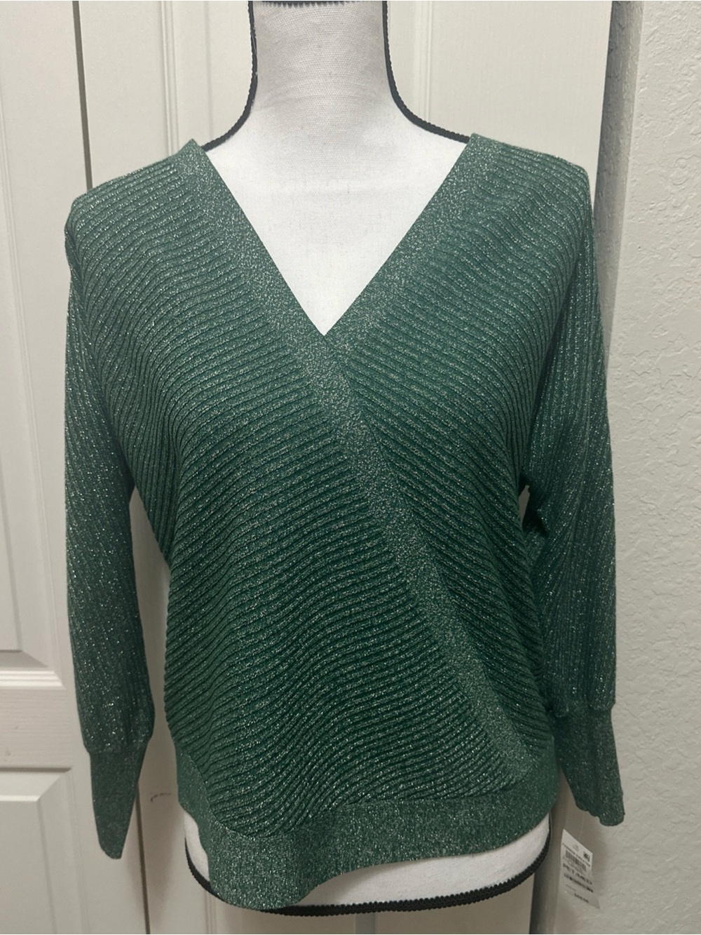 JM Collection Metallic Emerald Green V-Neck Sweater